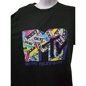 MTV Music Television Retro Cassette Print Black T-Shirt L Fan Favorite